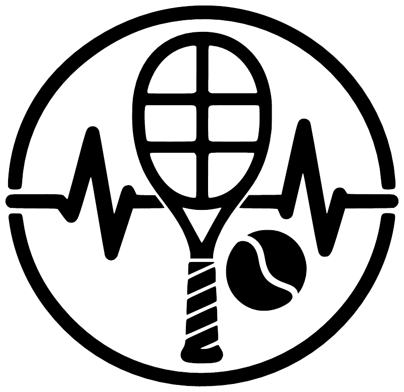 Tennis rhythm badge vinyl decal logo, white circle with black globe and racket icon