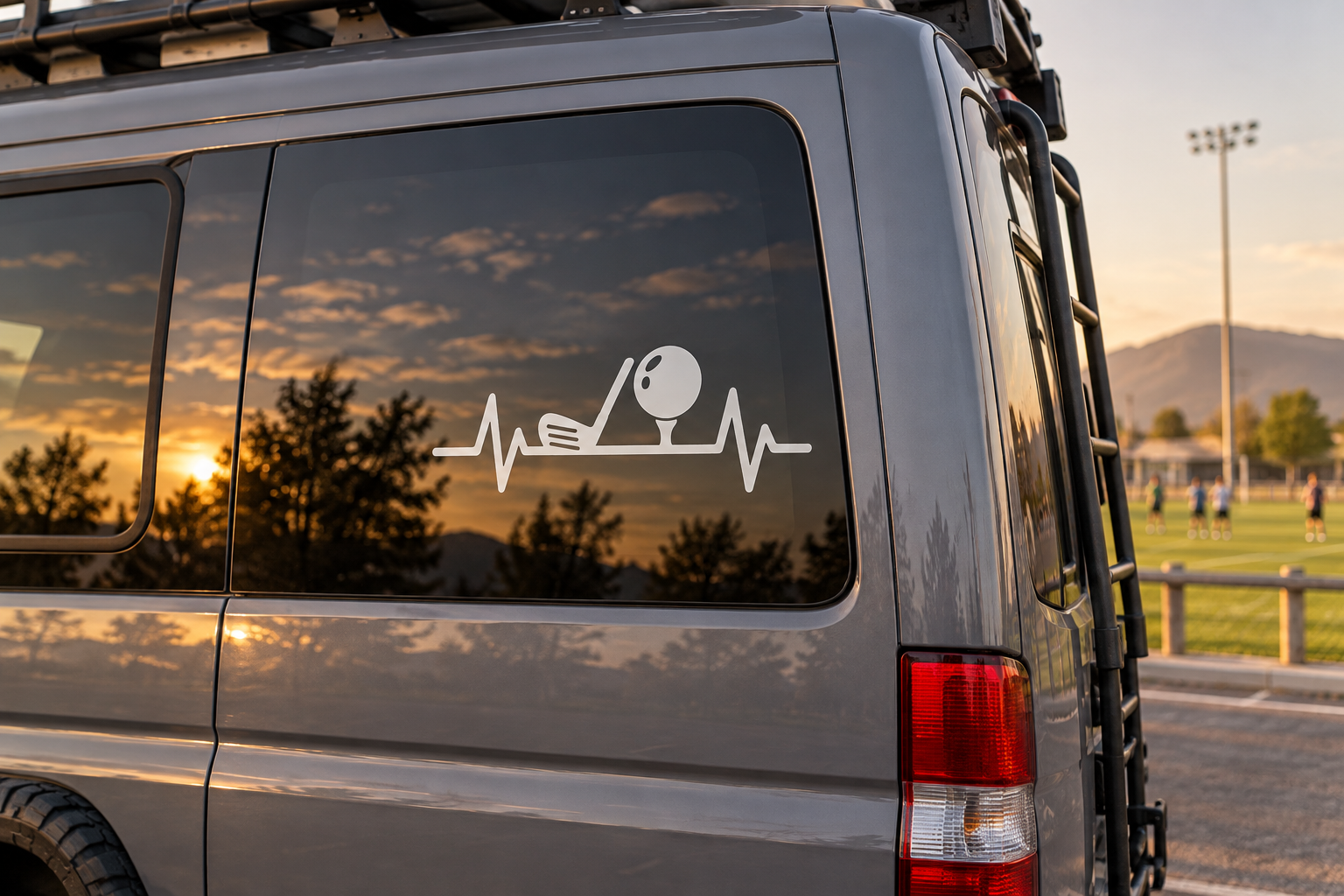 Golf heartbeat line vinyl decal with golfer silhouette on vehicle window
