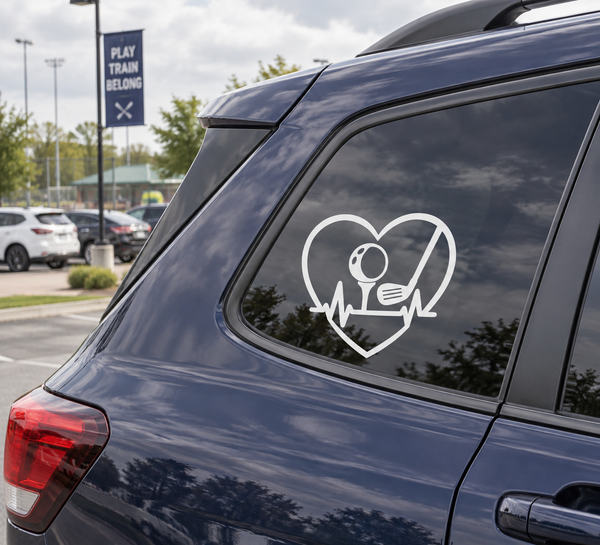 Vinyl decal with white heart outline showing golf ball, club, and heartbeat line