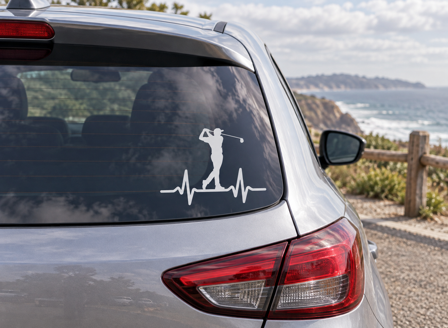 Golf athlete pulse vinyl decal on car rear window, black golfer silhouette with heartbeat line