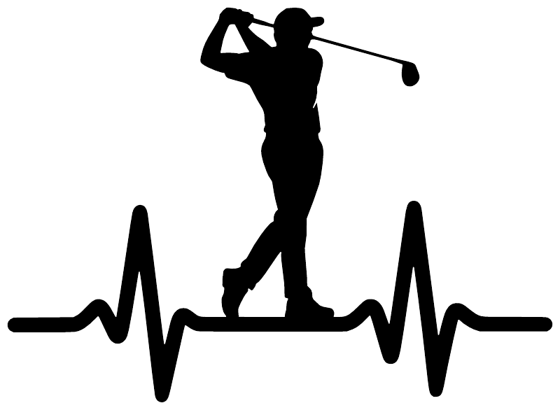 Black golfer silhouette vinyl decal with golf club and heartbeat line