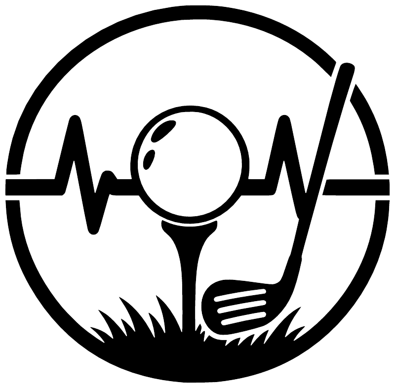 Close-up of circular black-and-white golf rhythm badge vinyl decal with ball, club, and microphone icons