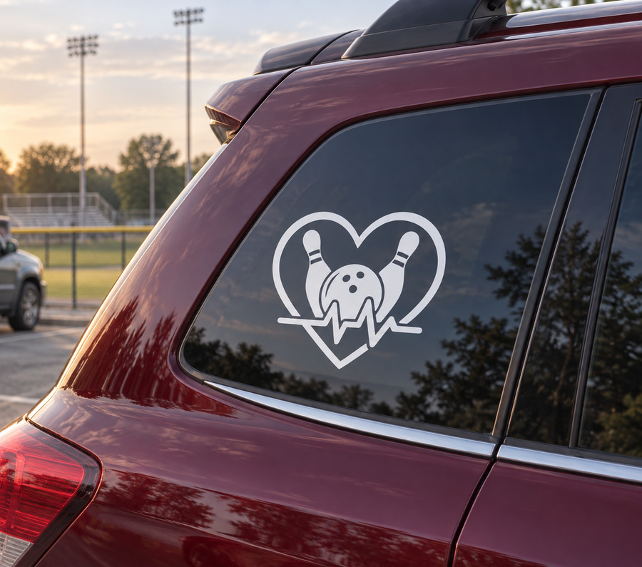 Bowling heart beat vinyl decal: heart with bowling pins and heartbeat line on car