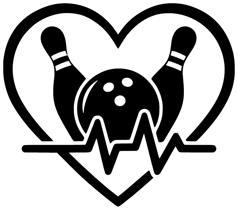 Bowling heart beat vinyl decal close-up: white heart with black pins and dog icon