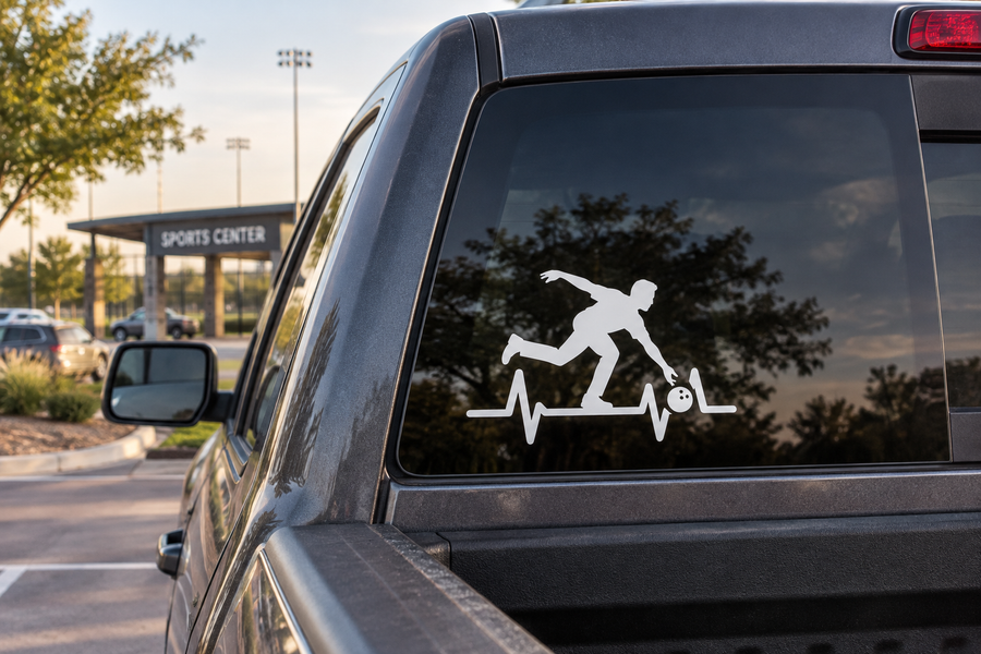 Bowling athlete pulse vinyl decal on car window, white silhouette with heartbeat line