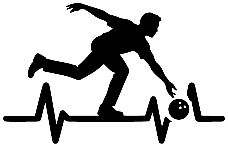 Bowling athlete pulse vinyl decal, black silhouette over heartbeat line with bowling ball