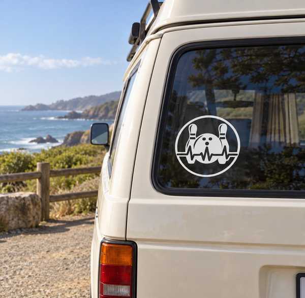 Circular bowling rhythm badge vinyl decal on car window, white graphic with black outline