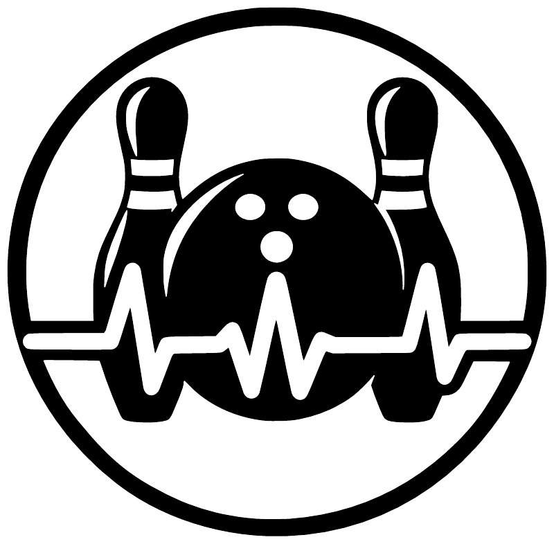 Bowling rhythm badge vinyl decal close-up, circular black bowling pin with heartbeat line