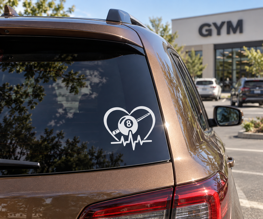 Heart-shaped billiards vinyl decal on car window: white 8 ball and heartbeat line