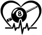 Heart-shaped billiards vinyl decal graphic with 8 ball and heartbeat line, black and white