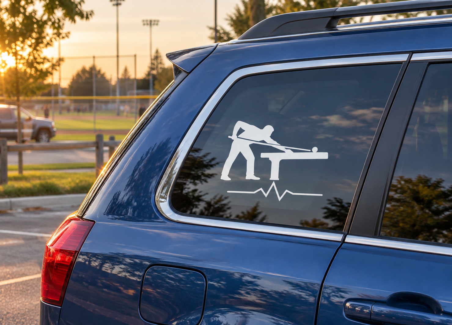 Billiards athlete pulse vinyl decal on car rear window, white silhouette with pulse line