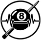 Billiards rhythm badge vinyl decal, black 8-ball in circle with crossed cues