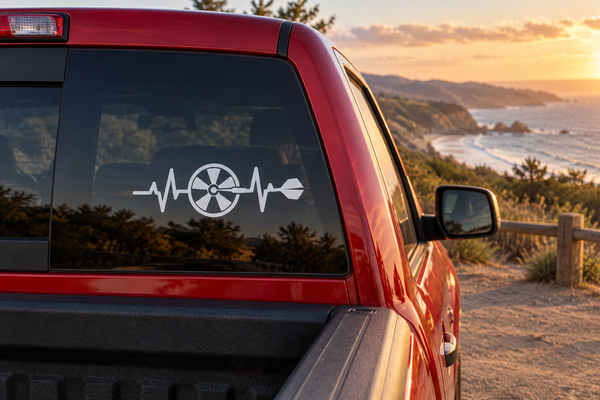 Darts pulse line vinyl decal on car rear window with ECG heart and dartboard icon