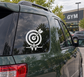White dartboard bullseye pulse vinyl decal with dart and heartbeat line on car window