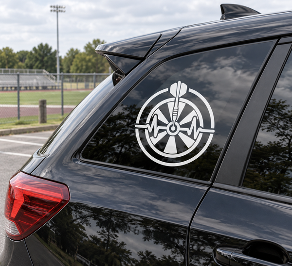 Round vinyl decal with white radial badge and waveform on a car rear window