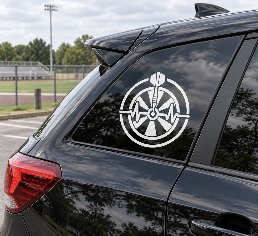 Round vinyl decal with white radial badge and waveform on a car rear window