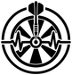 Black-and-white round vinyl decal with dart, waveform, and circular radial lines