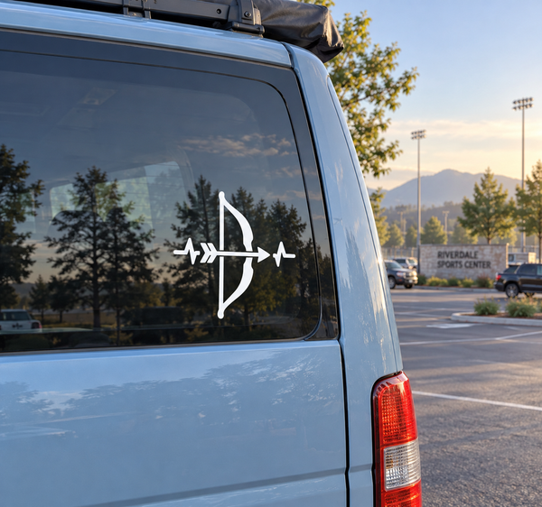 Archery pulse line vinyl decal with white bow and pulse arrow icon