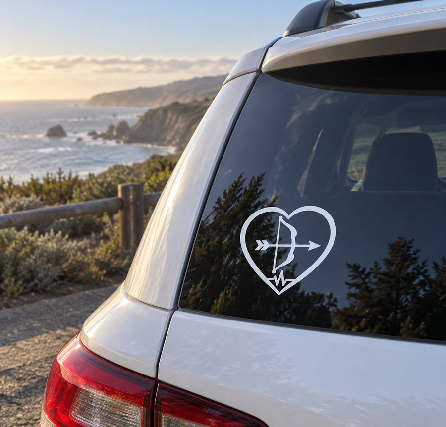 Archery heart beat vinyl decal, white heart with bow-and-arrow and heartbeat line on window