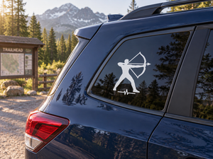 Archery athlete pulse vinyl decal, white archer silhouette with bow and heartbeat line