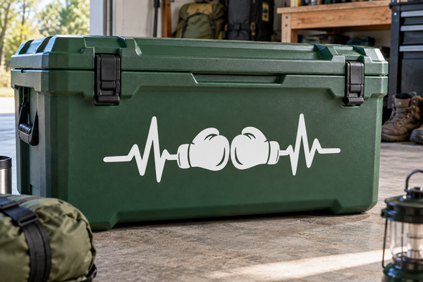 Green tool box with white boxing glove pulse line vinyl decal