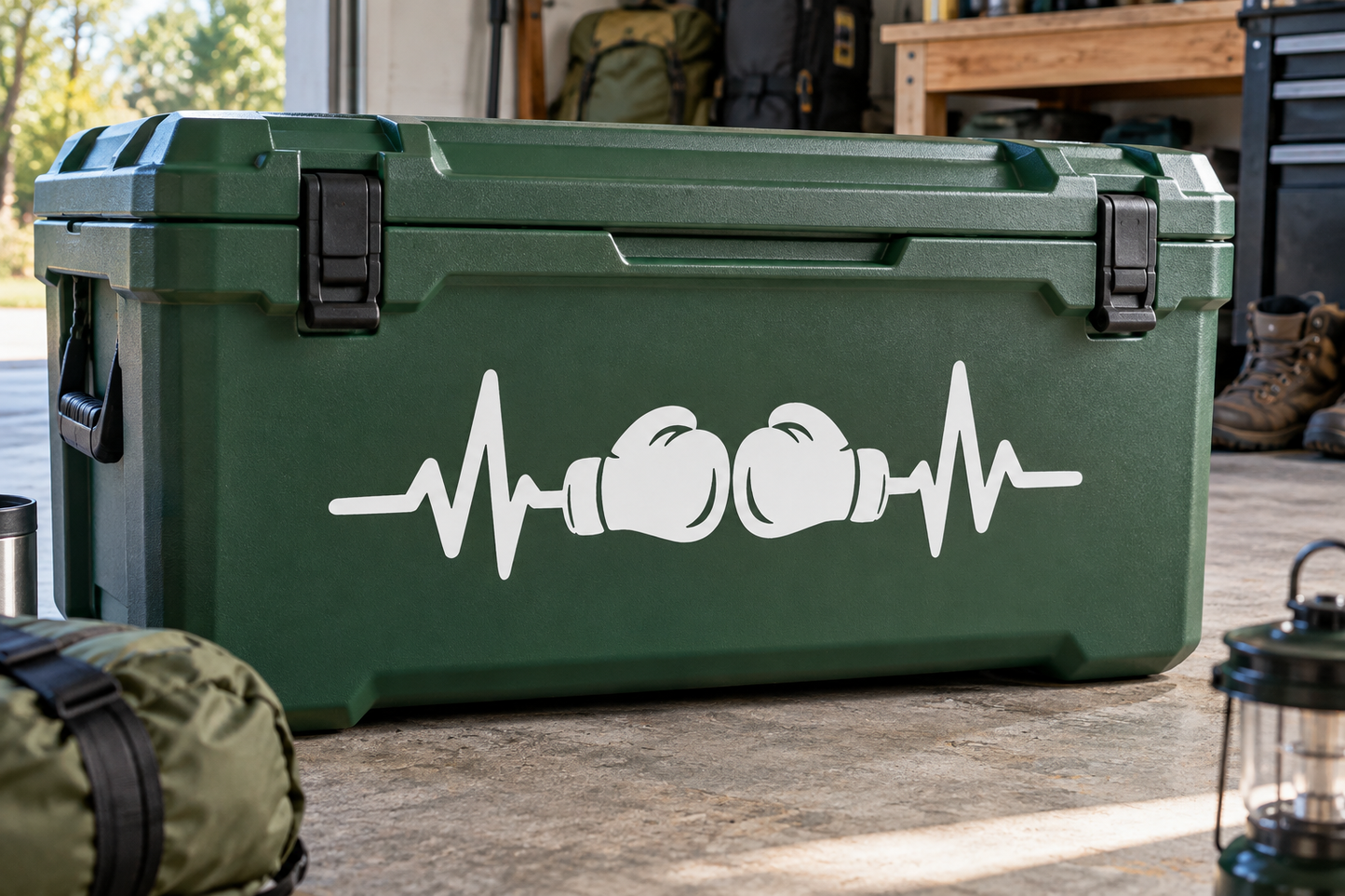 Green tool box with white boxing glove pulse line vinyl decal