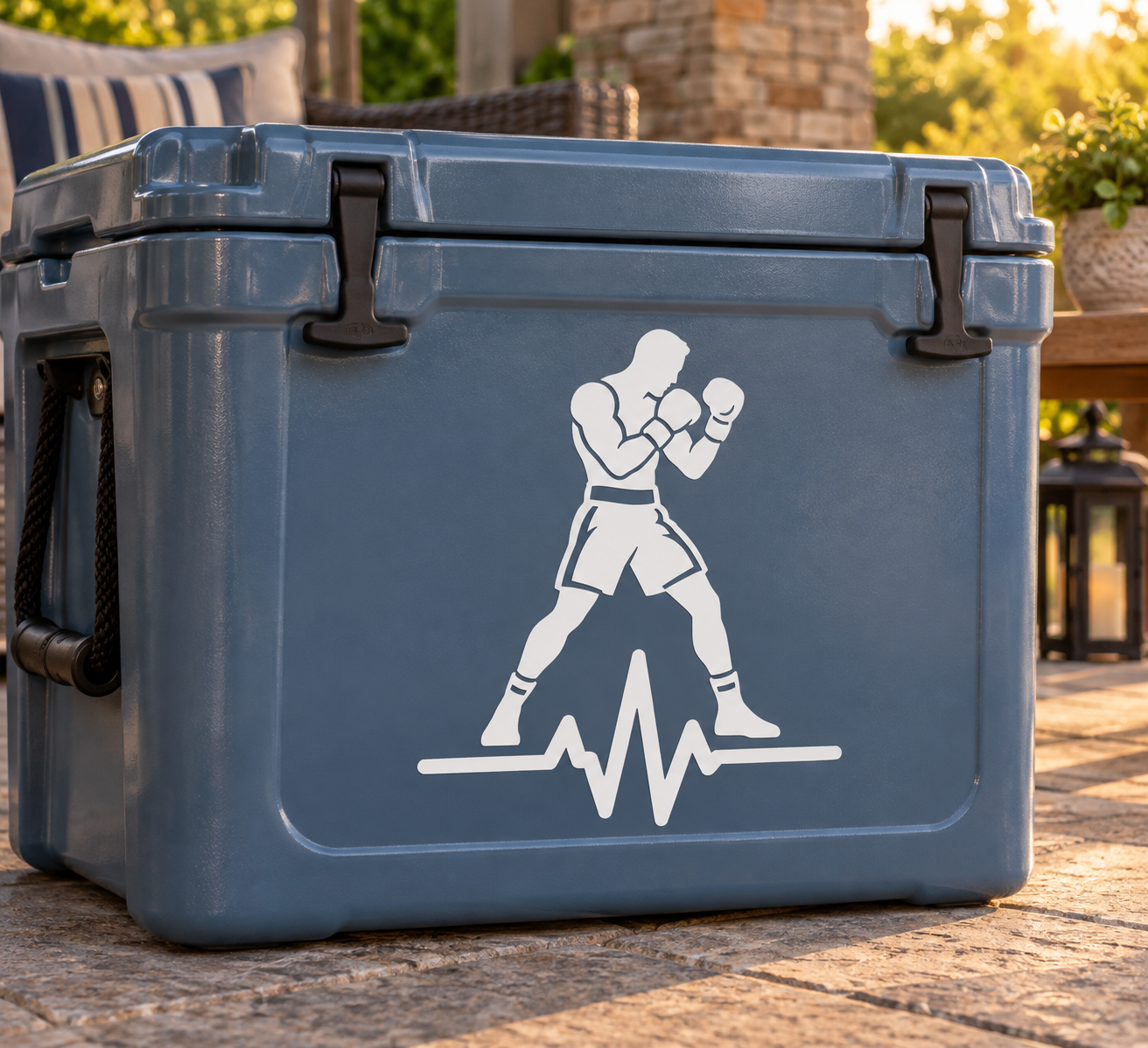 Boxing athlete pulse vinyl decal on blue cooler, white boxer icon with heartbeat line