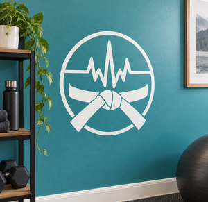 Martial arts rhythm badge vinyl decal, circular white emblem with heartbeat line and crossed arms