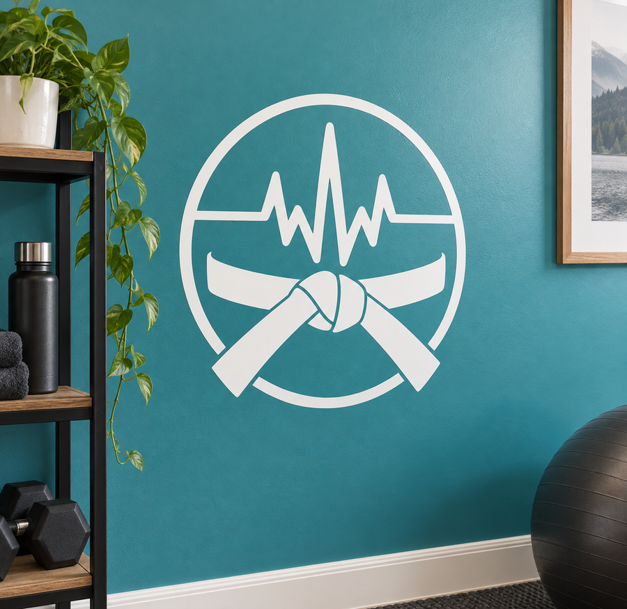 Martial arts rhythm badge vinyl decal, circular white emblem with heartbeat line and crossed arms