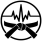Martial arts rhythm badge vinyl decal, black-and-white circular emblem with heartbeat line and crossed arms