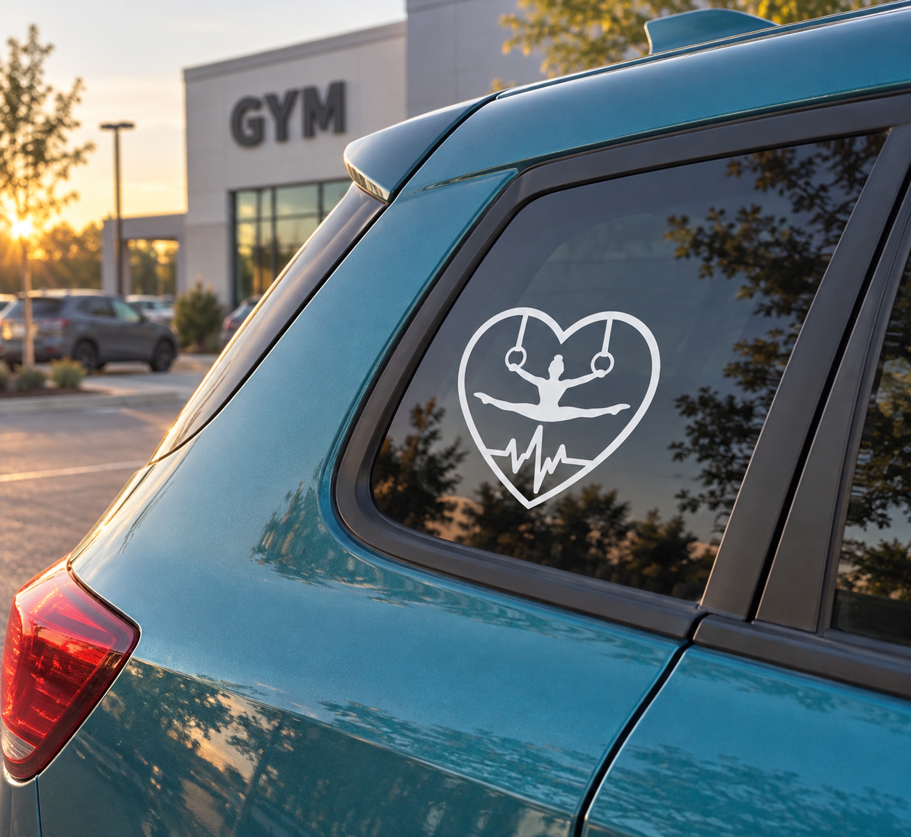 Gymnastics heart beat vinyl decal: gymnast silhouette inside white heart on car window