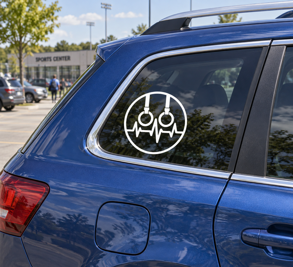 Gymnastics rhythm badge vinyl decal on car, white circle with black icon and heartbeat line.