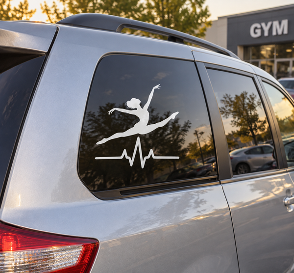 Car rear window vinyl decal with dancer silhouette and heartbeat line