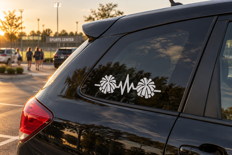SportsHeartbeatCX069 cheer pulse line vinyl decal with pom-poms and heartbeat wave
