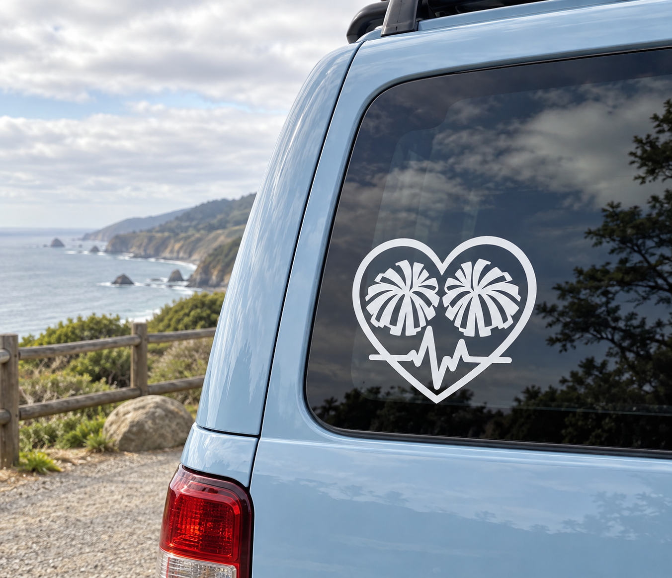 Heart ECG vinyl decal with two white cheer pom-poms on car window