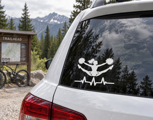 Cheer athlete pulse vinyl decal for car window: cheerleader silhouette with pom poms & heartbeat.