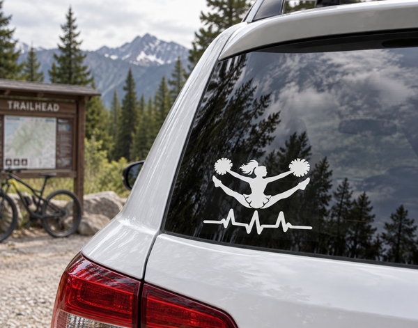 Cheer athlete pulse vinyl decal for car window: cheerleader silhouette with pom poms & heartbeat.