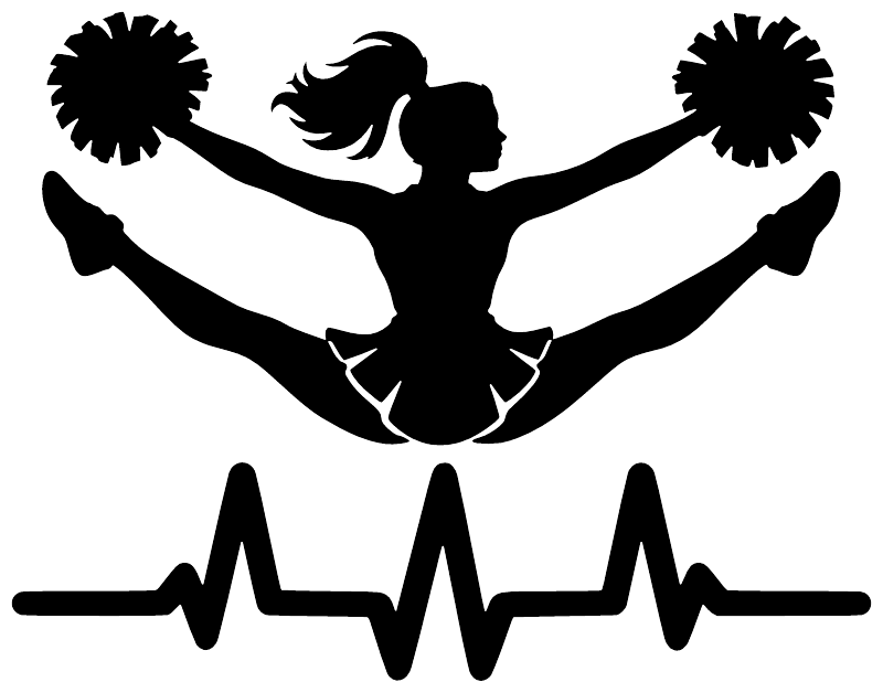 Cheer athlete pulse vinyl decal: black cheerleader silhouette with pom poms and ECG line.