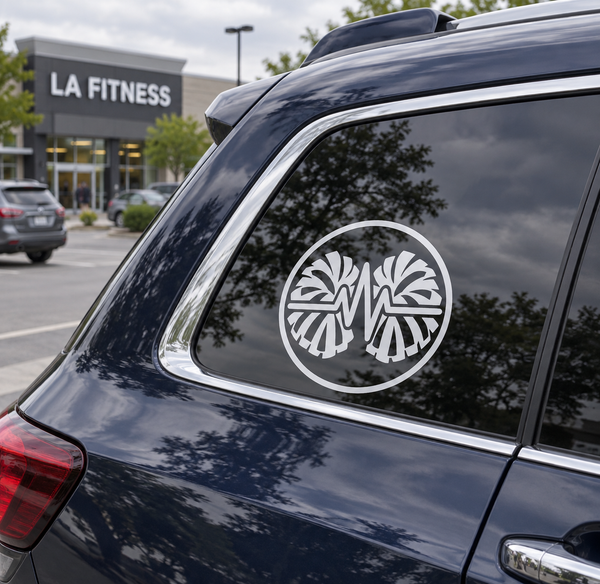 Circular cheer badge vinyl decal on car window: white outline, black bow emblem
