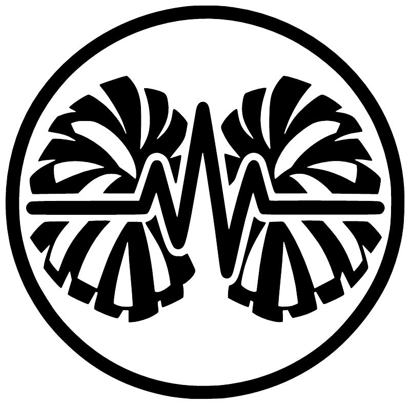 Close-up circular cheer rhythm badge vinyl decal, black bow graphic on white background