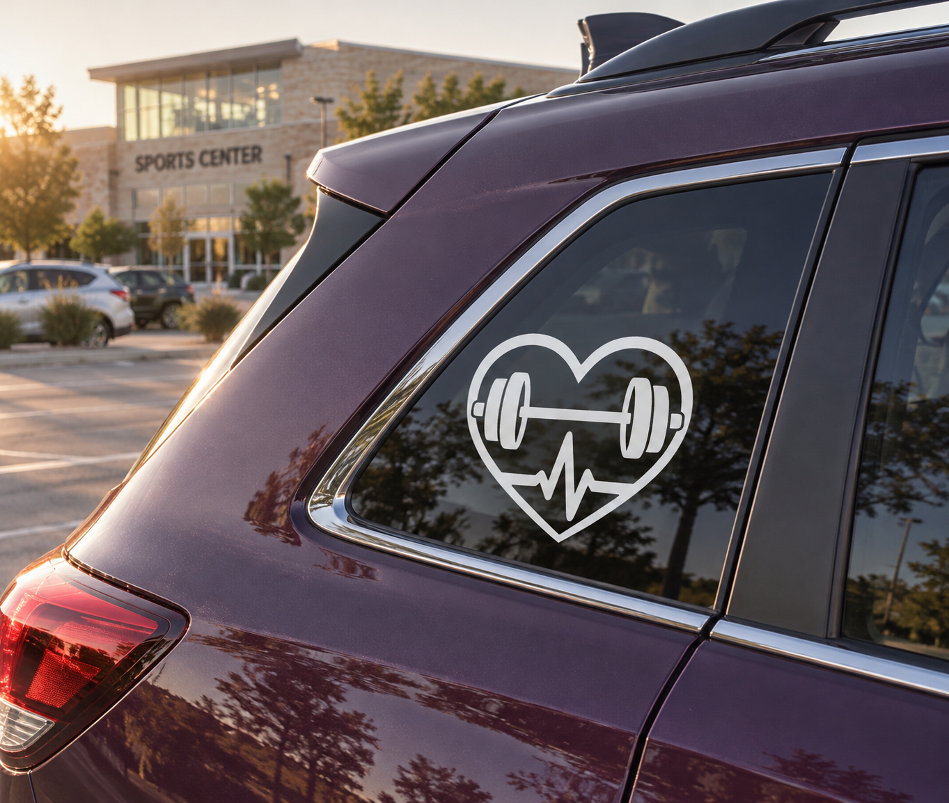 Vinyl heart decal with barbell and heartbeat line on a car window