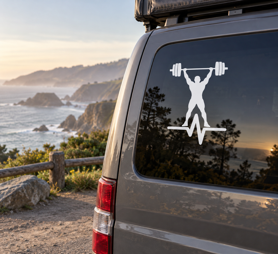 White weightlifter pulse vinyl decal on car window