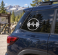 Vinyl weightlifting rhythm decal on car window, circular barbell heartbeat icon in white