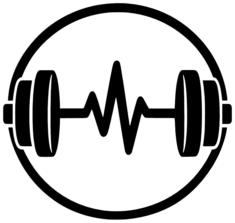 Vinyl weightlifting rhythm decal graphic, white circle with black headphones and barbell heartbeat