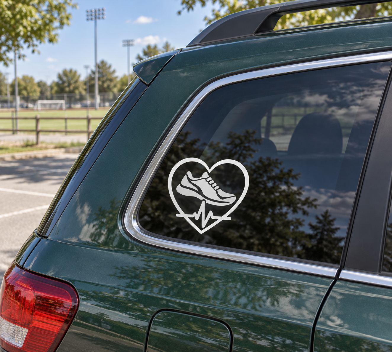 Car window vinyl decal with running shoe heart and heartbeat line design