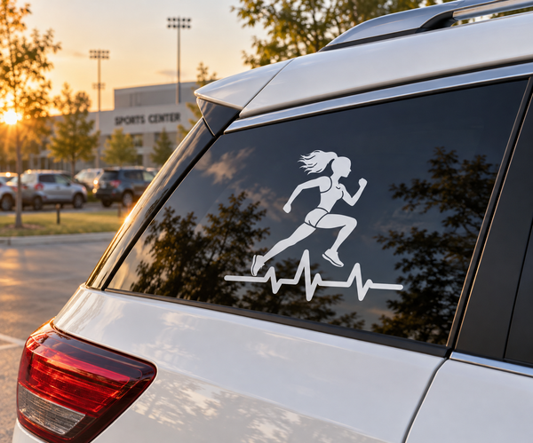White running athlete vinyl decal with heartbeat pulse line on car rear window
