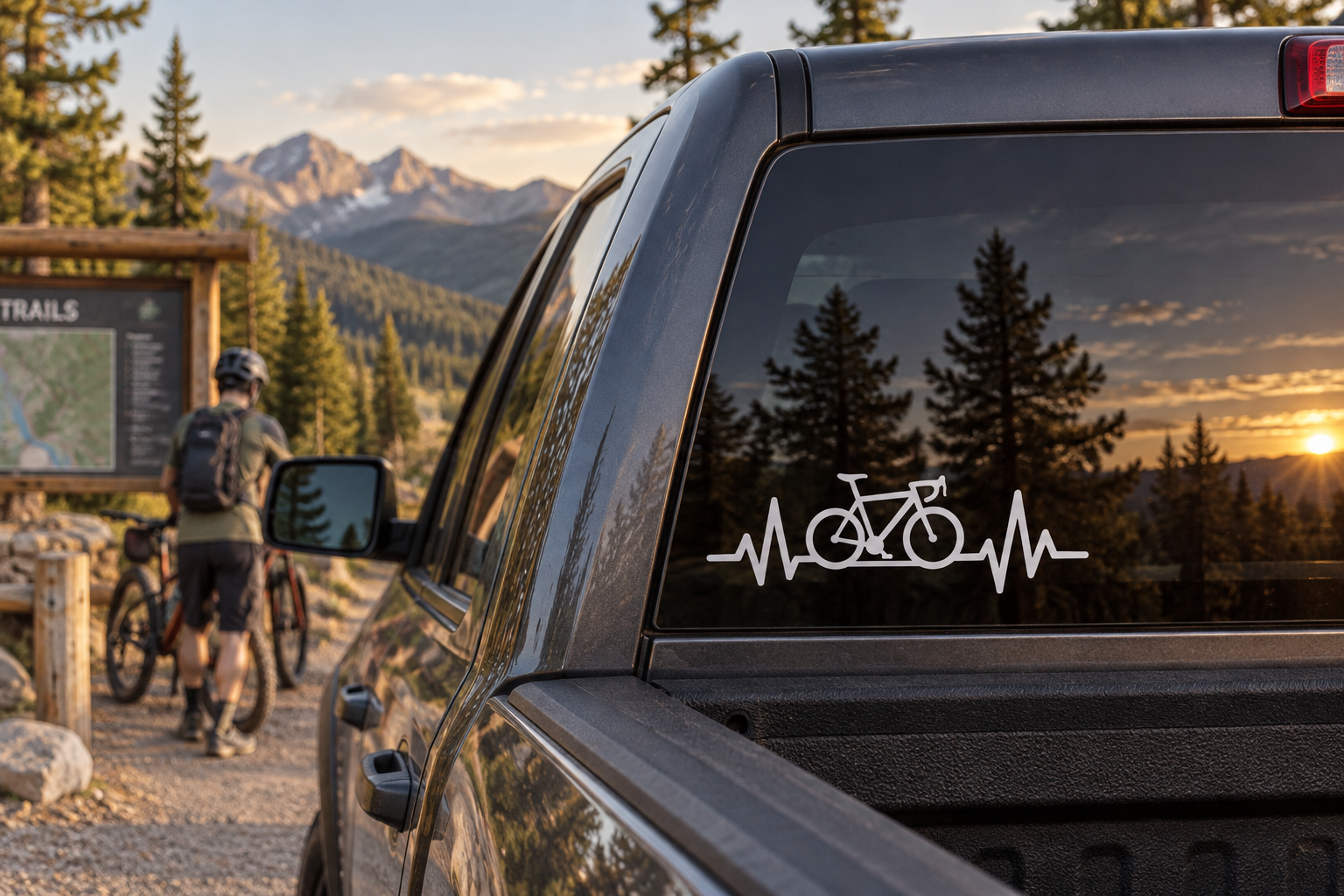 Cycling pulse line vinyl decal of bicycle with ECG waveform on dark glass