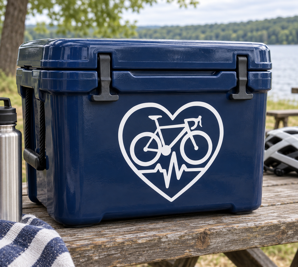 Cycling heart-beat vinyl decal with bicycle icon inside a heart outline