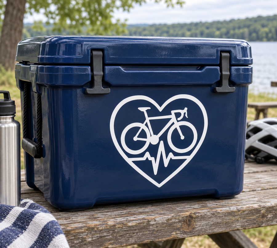 Cycling heart-beat vinyl decal with bicycle icon inside a heart outline