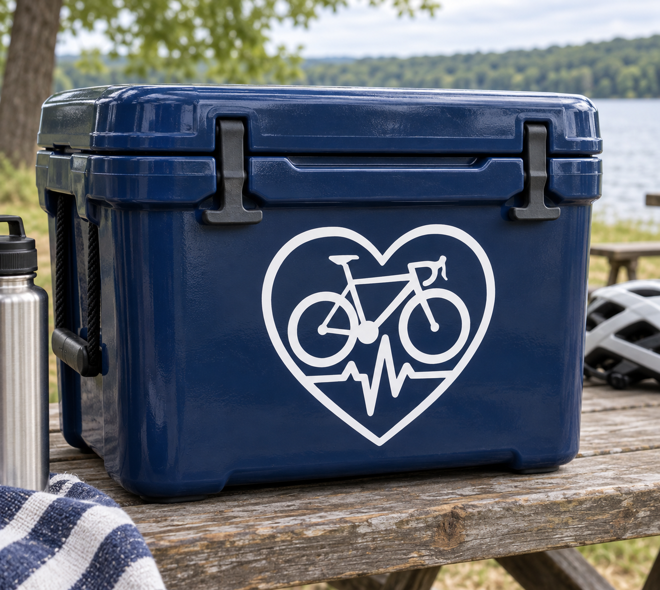 Cycling heart-beat vinyl decal with bicycle icon inside a heart outline
